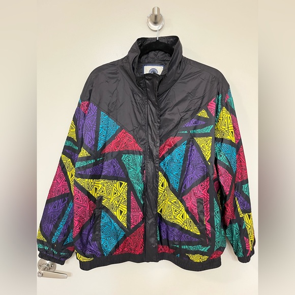 1 Sunset Lane Sz L 80’s 90’s Vintage Style Windbreaker Jacket Black Geometric - Picture 4 of 5
